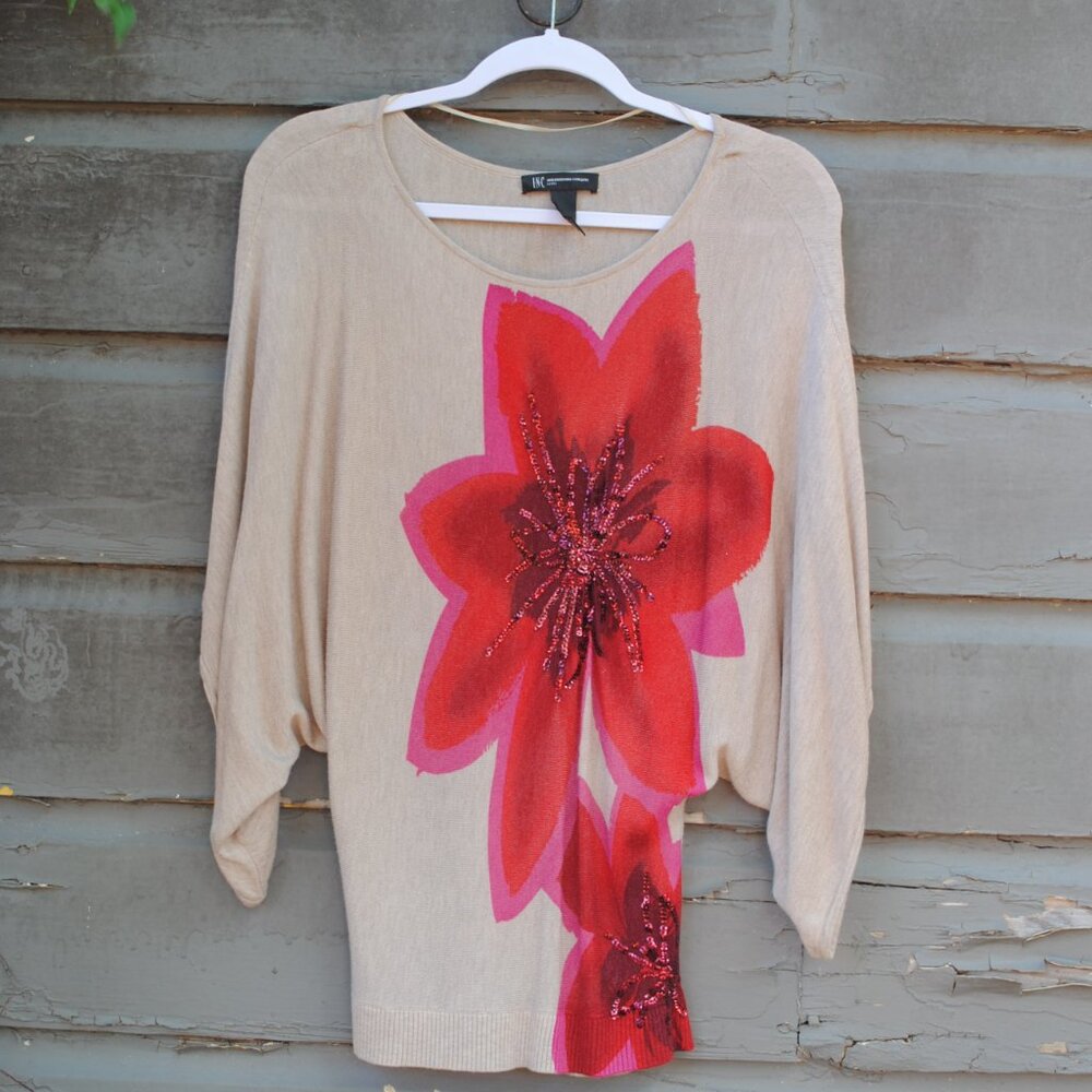 INC Petite Bat-wing Top with Sequin Embellishment.